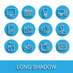 Set line Charger, Gamepad, Computer monitor screen, Retro tv, Gps device with map, Photo camera, Joystick for arcade machine and Speaker volume icon. Vector