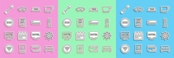 Set line Big bed, Ship steering wheel, Lighthouse, Taxi car roof, Passport, Location with SOS, Paddle and Air conditioner icon. Vector