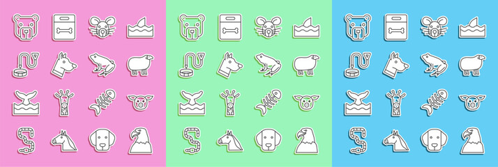 Set line Eagle head, Pig, Sheep, Rat, Dog, Collar with name tag, Bear and Frog icon. Vector