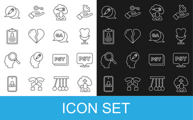 Set line Man graves funeral sorrow, Psychology, Psi, Armchair, Addiction to the drug, Broken heart divorce, Medical clipboard, and Question and Answer icon. Vector