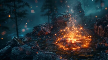 A digital campfire with blockchain logs, symbolizing community warmth and sustainability.