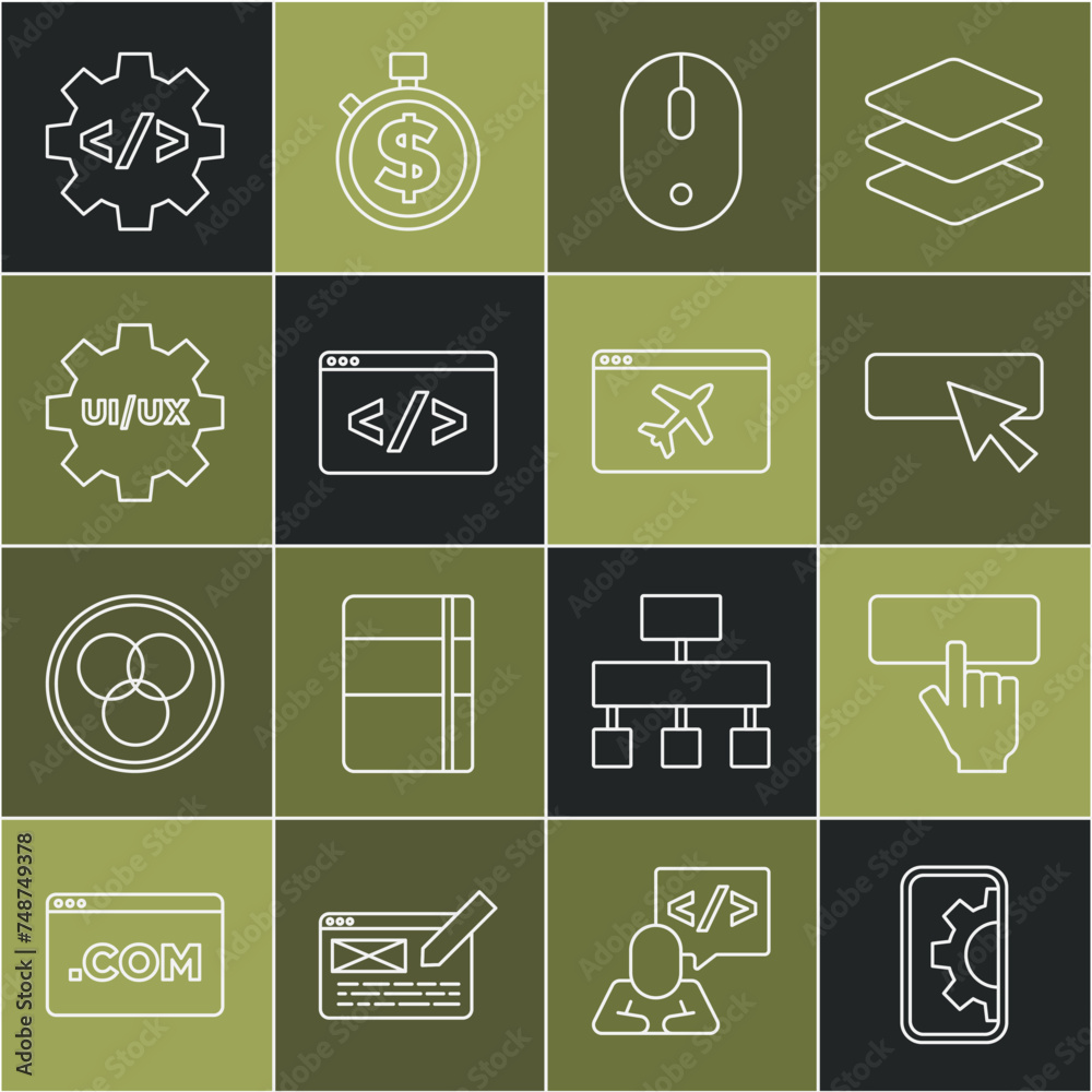 Wall mural set line web development, keyboard, ui or ux design, computer mouse, front end, and website template