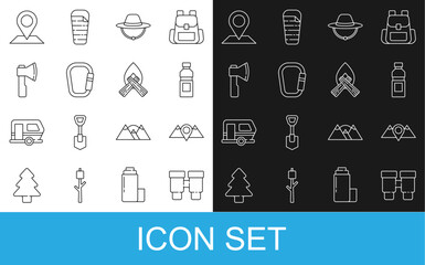 Set line Binoculars, Location mountains, Bottle of water, Camping hat, Carabiner, Wooden axe, and Campfire icon. Vector