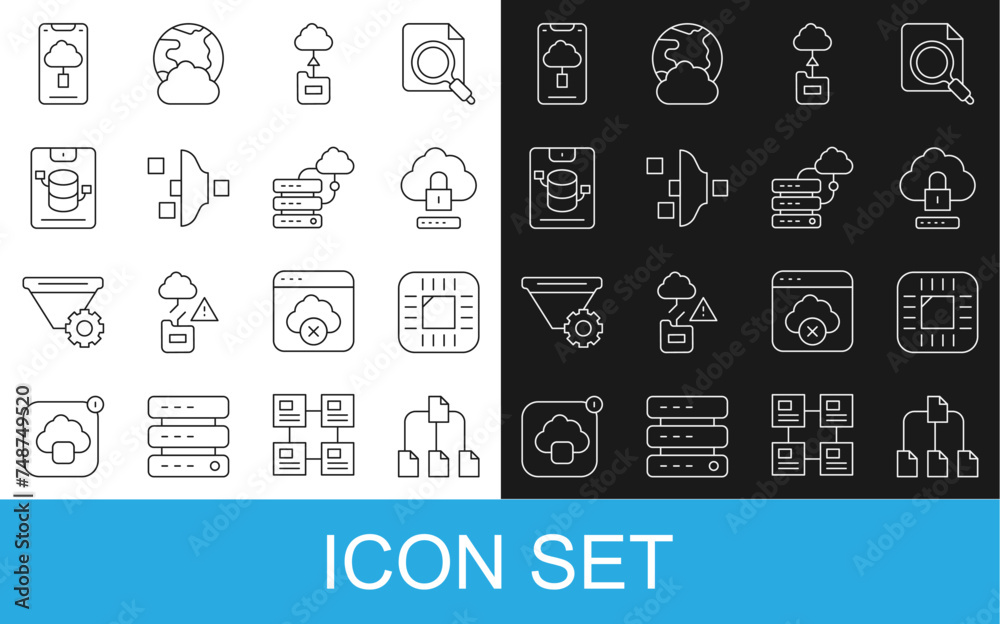 Poster set line folder tree, processor with cpu, cloud computing lock, technology data transfer, filter set