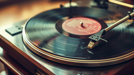 close up vintage turn table with Headphone on Wooden floor for template music