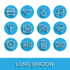 Set line Clock with heart, Valentines day party flyer, Romantic bathroom, Dating app online, Envelope, Heart and speech bubble icon. Vector