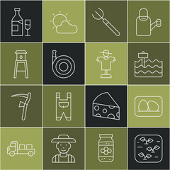 Set line Plant, Chicken egg, Garden bed, pitchfork, hose, Water tower, Wine bottle with glass and Scarecrow icon. Vector