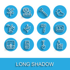 Set line Automatic irrigation sprinklers, Jam jar, Rooster weather vane, Shovel, Wine bottle with glass, Corn, Chicken egg and Wooden axe icon. Vector