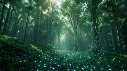 A digital forest where the trees are made of circuitry and code, illustrating the concept of digital nature reserves or conservation efforts funded through cryptocurrency. - obrazy, fototapety, plakaty