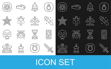 Set line Medieval sword, Tarot cards, Bottle with potion, Ringing alarm bell, Christian cross, Pentagram, circle and Libra zodiac icon. Vector