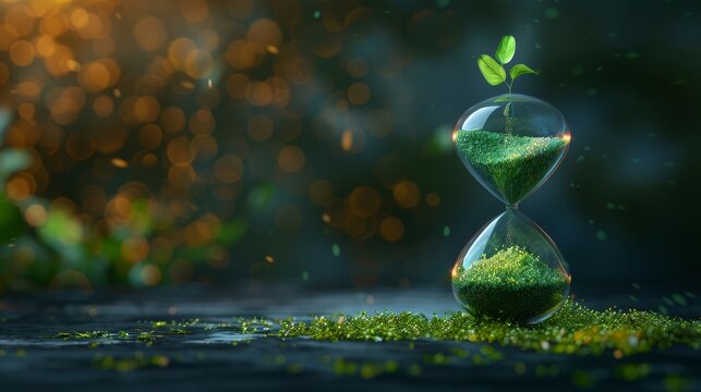 A digital hourglass with green sand, representing the urgency of sustainable investments.