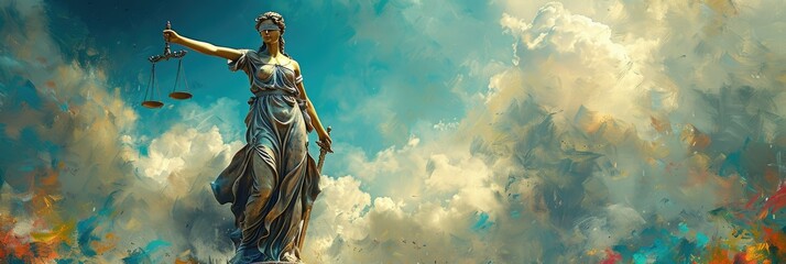 Statue of justice on blue sky background. Panoramic banner - obrazy, fototapety, plakaty