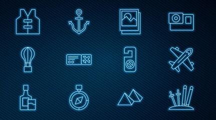 Set line Ski and sticks, Plane, Photo, Airline ticket, Hot air balloon, Life jacket, Please do not disturb and Anchor icon. Vector