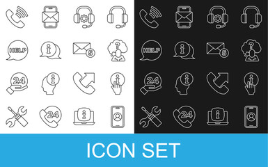 Set line Telephone 24 hours support, Information, Head with question mark, Headphones, Speech bubble text Help, and New, email incoming message icon. Vector