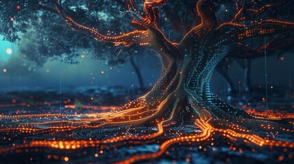 A digital tree with roots in the form of blockchain links.