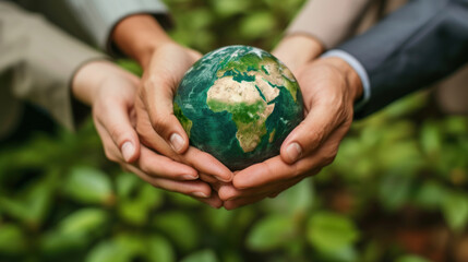 Hands carefully holding a globe, representing stewardship and a global commitment to environmental preservation