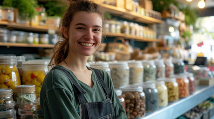 A radiant young woman smiles brightly as she chooses from an array of eco-conscious products in a sustainable living store