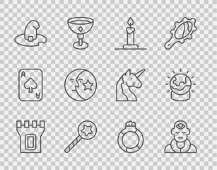 Set line Castle tower, Wizard warlock, Burning candle in candlestick, Magic wand, Witch hat, Moon stars, stone ring with gem and ball icon. Vector - obrazy, fototapety, plakaty