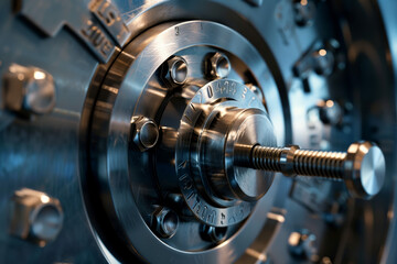Close-Up of a High-Security Bank Vault. Macro view of a sophisticated bank vault lock mechanism, highlighting precision engineering and security detail.