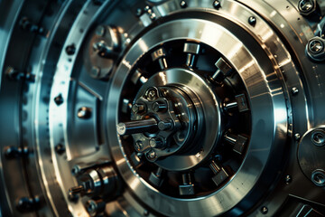 Secure Vault Mechanism. Close-up of a robust vault wheel with locking bolts.