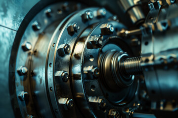 Complex Bank Vault Mechanism Close-Up. Close-up view of a complex and detailed bank vault locking mechanism, emphasizing security and mechanical sophistication.