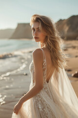 Fototapeta na wymiar A girl wearing a wedding dress at the beach