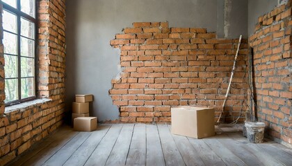 An unfinished wall with visible bricks, room reconstruction