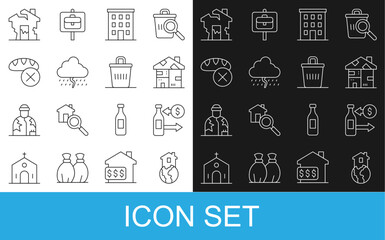 Set line Shelter for homeless, Reception of glass bottles, Homeless cardboard house, Multi storey building, Cloud with rain, Donation food, Ruined and Trash can icon. Vector
