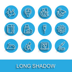 Set line Experimental mouse, Drop and magnifying glass, Chemical formula, Pipette, Power station plant, Virus and Syringe icon. Vector