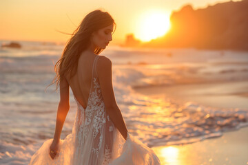 Bohemian wedding dress golden sunset lighting, beach setting with ocean in the background