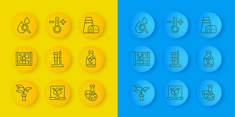 Set line Plant breeding, Graphing paper for engineering, Test tube flask on stand, with toxic liquid, Medicine bottle pills, Drop magnifying glass, Power station plant and Thermometer icon. Vector