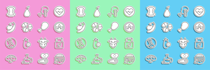 Set line Vegan food diet, Shopping bag with recycle, Genetically modified chicken, Acorn, Apple and banana, Leather and Chicken leg icon. Vector
