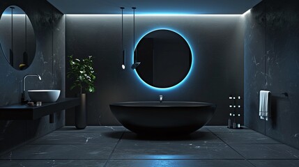sleek and stylish luxury bathroom with black interior and futuristic concept, real image of modern elegant decor