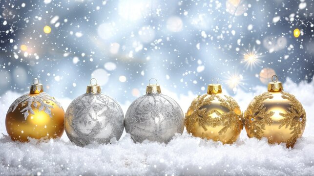 Golden and silver Christmas baubles on snow with sparkling lights background.