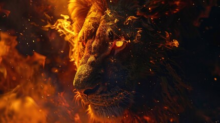 fiery lion king portrait with glowing eyes, majestic wildlife animal concept isolated on black background with copy space
