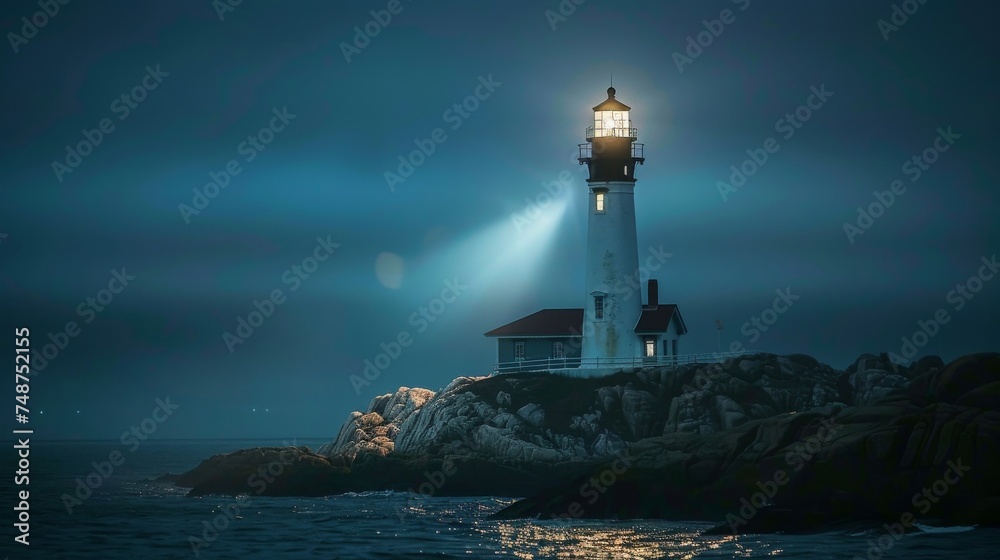 Wall mural a lighthouse shining a beam over dark waters, guiding ships labeled as 