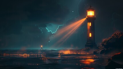 A lighthouse shining a beam over dark waters, guiding ships labeled as 