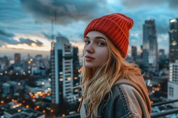 A fashionable woman in a headdress against the backdrop of an urban landscape demonstrates the influence of accessories on urban fashion.