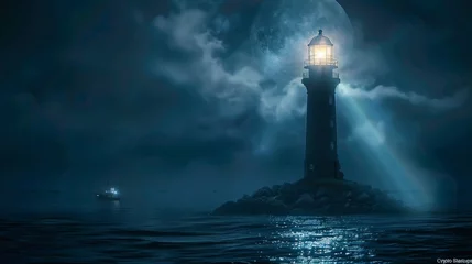 Poster A lighthouse shining a beam over dark waters, guiding ships labeled as "Crypto Startups." © Exnoi