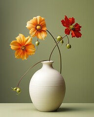 a white vase filled with orange and red flowers on top of a green table next to a light green wall.