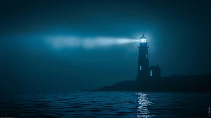 Gordijnen A lighthouse shining a beam over dark waters, guiding ships labeled as "Crypto Startups." © Warut