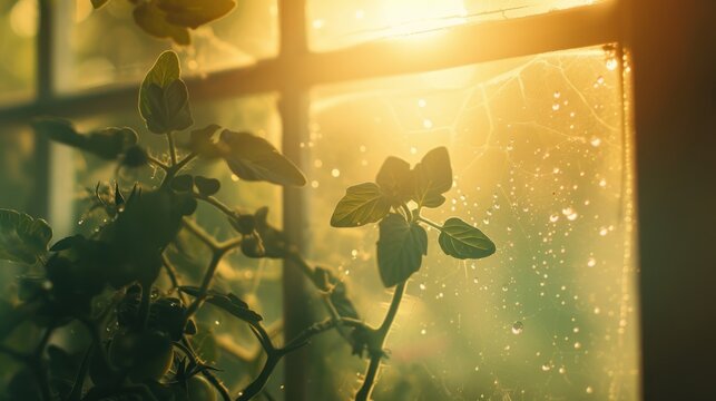 a close up of a plant in front of a window with the sun shining through the window and water droplets on the glass.