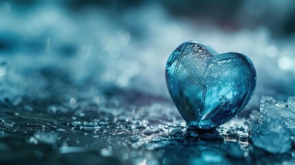 Glass heart on icy surface with a cool blue tone, symbolizing love or heartbreak.