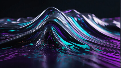 Lustrous silver and royal purple holographic gradient neon wave with liquid motion. - obrazy, fototapety, plakaty