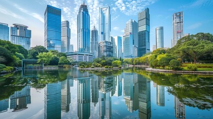 breathtaking skyline of modern city featuring international corporations, banks, and high-rise office buildings