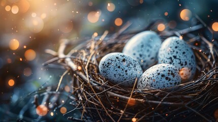 A nest with eggs, each representing a different aspect of ReFi, protected by blockchain branches. - obrazy, fototapety, plakaty