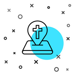 Obraz premium Black line Map pin church building icon isolated on white background. Christian Church. Religion of church. Random dynamic shapes. Vector