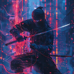 A ninja battling against cyber criminals in a digital realm - obrazy, fototapety, plakaty