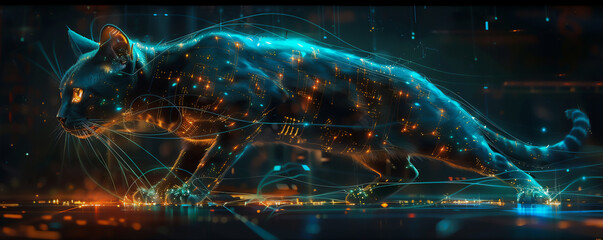 A sleek futuristic cat navigating through cyber realms to safeguard kingdoms against digital threats