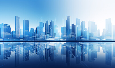 Fototapeta premium Picture of modern skyscrapers of a smart city. Futuristic financial district with buildings and reflections. Blue color background for corporate and business template.